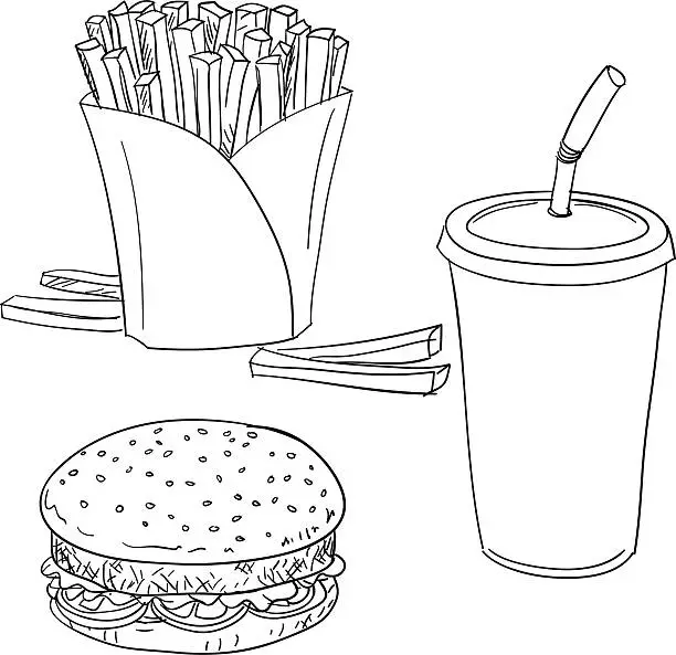 Vector illustration of Burger set with fries in black and white