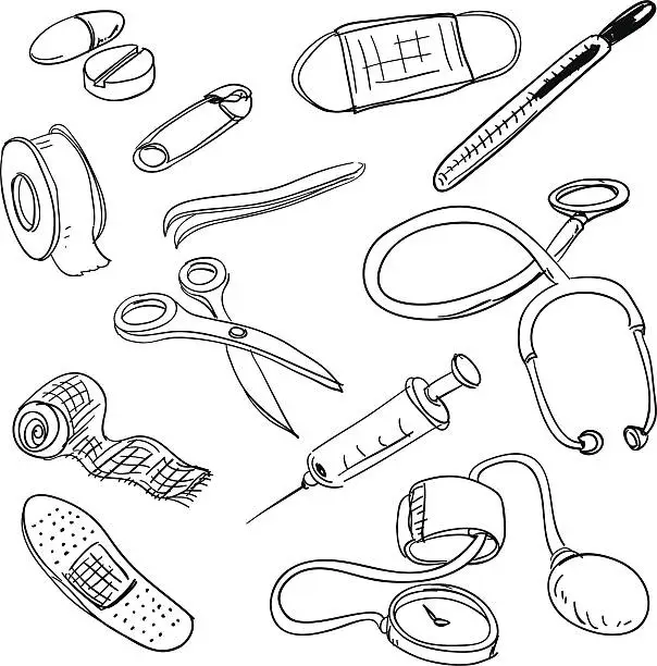 Vector illustration of Doctors equipment in black and white