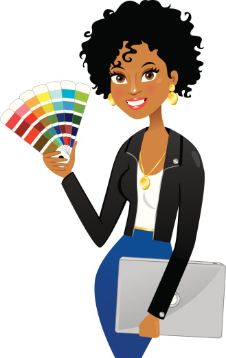 Cute stylish african american graphic or interior designer holding swatches and laptop