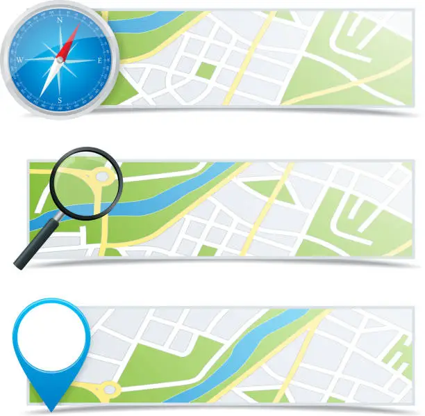 Vector illustration of A compass, magnifying glass, and drop pin on separate maps