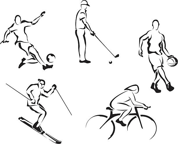 Logo sport Soccer, golf, basketball, skiing, cycling cycling bicycle pencil drawing cyclist stock illustrations