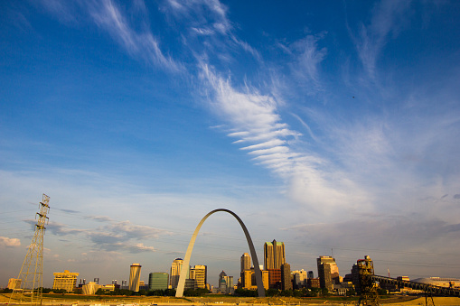 St. Louis Missouri USA downtown city skyline view and the Gateway Arch over the Mississippi River in the summer