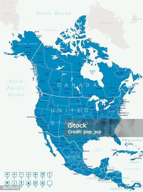북미지도 및 내비게이션 아이콘이 미국에 대한 스톡 벡터 아트 및 기타 이미지 - 미국, 지도, 캐나다