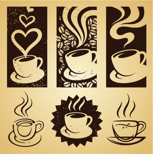 tasse kaffee set - steam tea hot drink coffee stock-grafiken, -clipart, -cartoons und -symbole