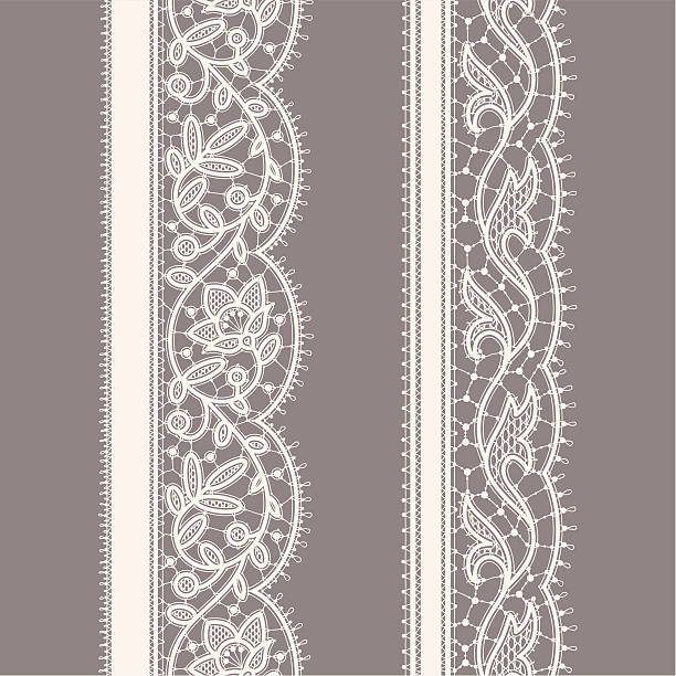 белый кружевной лентой. бесшовный узор. серый фон. набор. - lace frame retro revival floral pattern stock illustrations