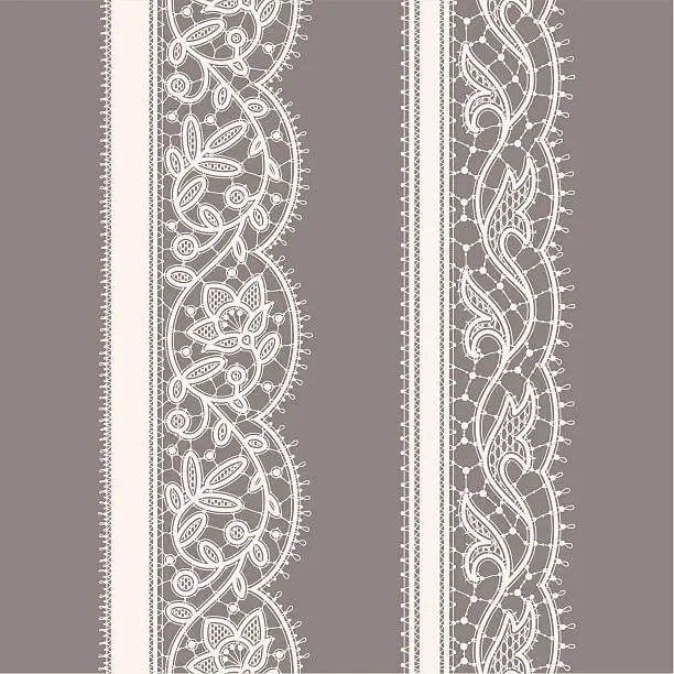 Vector illustration of White Lace Ribbon. Seamless Pattern. Gray Background. Set.