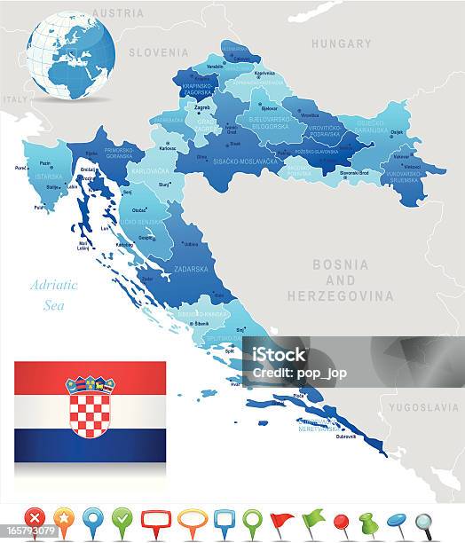 Ilustración de Mapa De Croaciaestados Ciudades Bandera Iconos De Navegación y más Vectores Libres de Derechos de Alfiler