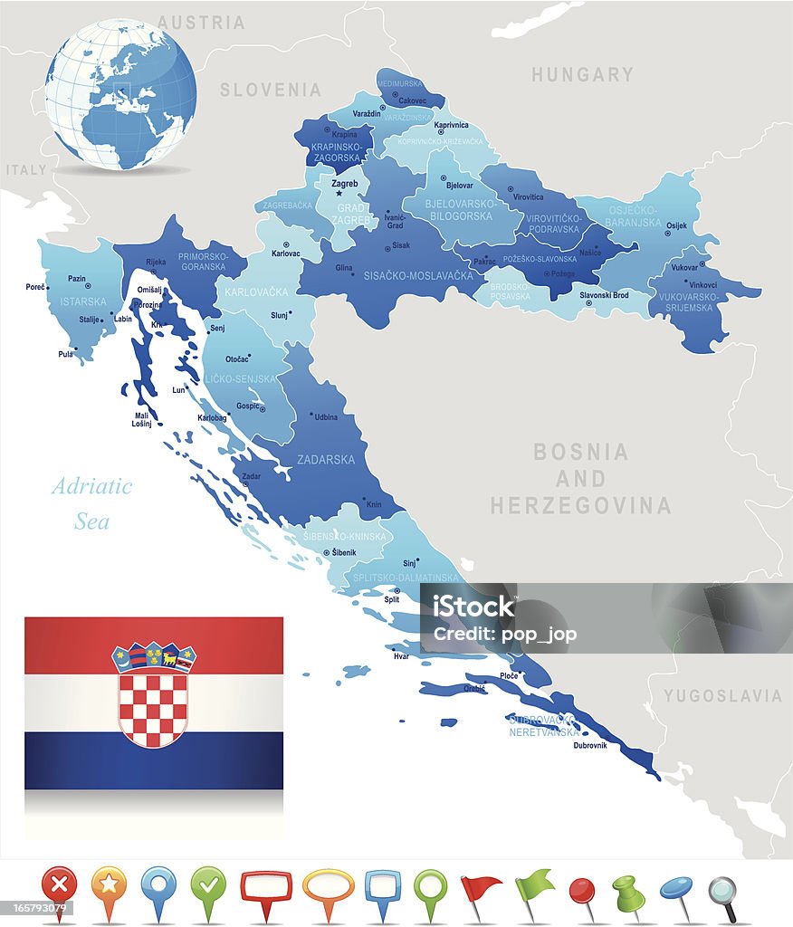 Mappa della Croazia-membri, città, bandiera, icone di navigazione - arte vettoriale royalty-free di Bandiera