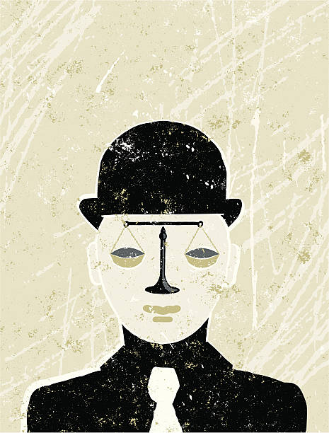 Businessman with Scales of Justice for a Face Balanced view! A stylized vector cartoon of a businessman with some scales for a face, reminiscent of an old screen print poster and suggesting balance, justice, balanced books, accountancy,law, honesty or judgement. Scales, face, hat,body, paper texture, and background are on different layers for easy editing. Please note: clipping paths have been used, an eps version is included without the path. allegory painting illustrations stock illustrations