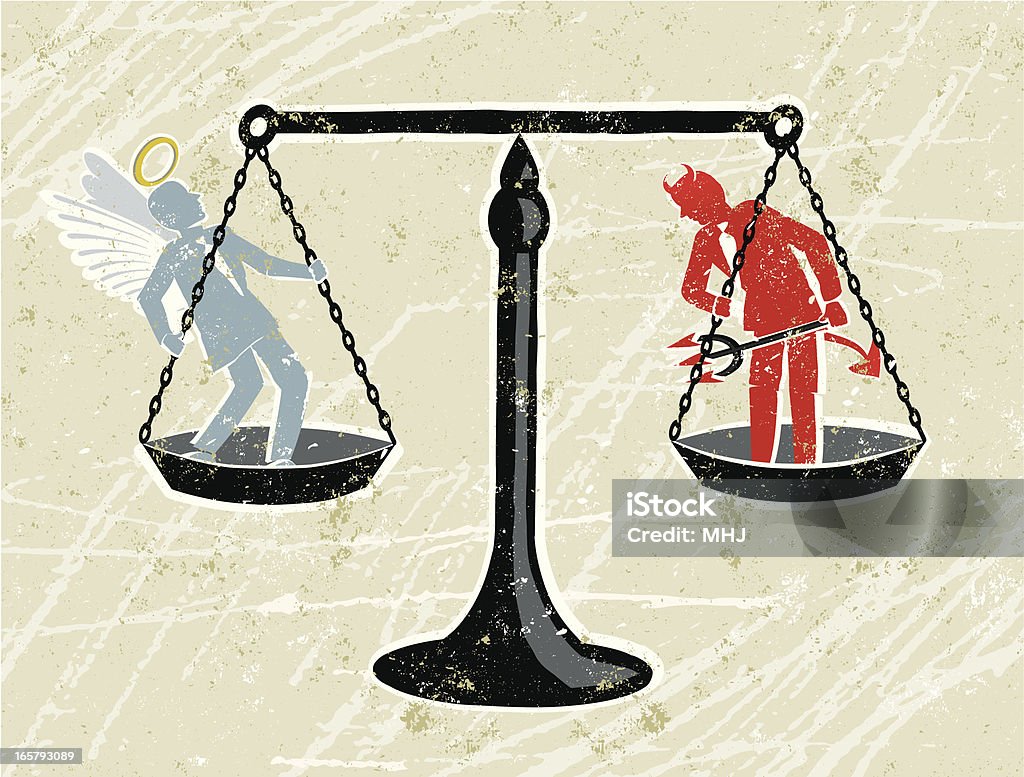 Scales of Justice with an Angel and Devil Businessman Judgement Day! A stylized vector cartoon of some scales with an Angel and a devil being weighed, reminiscent of an old screen print poster and suggesting choice, temptation, consequences, balance,opposites,, good and evil, justice, dilemma or judgement. Scales, Angel, Devil, paper texture, and background are on different layers for easy editing. Please note: clipping paths have been used, an eps version is included without the path. Evil stock vector