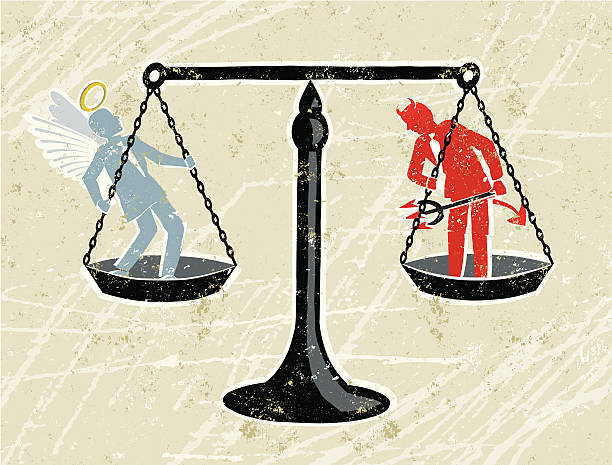 Scales of Justice with an Angel and Devil Businessman vector art illustration