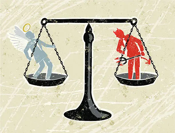 Vector illustration of Scales of Justice with an Angel and Devil Businessman