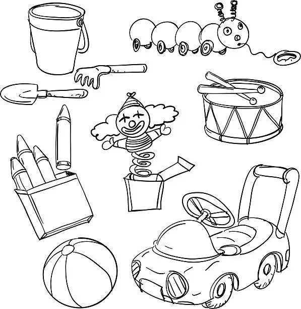 Vector illustration of Toys collection in black and white