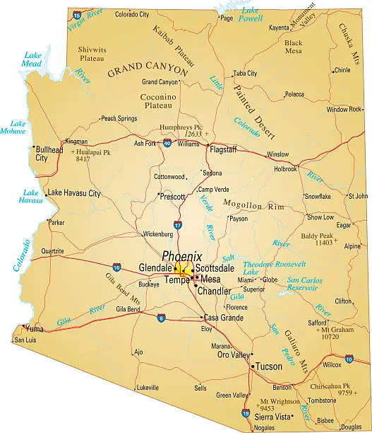 Vector illustration of Map of Arizona, USA highways, major roads, and rivers