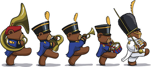 ilustraciones, imágenes clip art, dibujos animados e iconos de stock de marchando osos de peluche - trumpet brass instrument marching band musical instrument