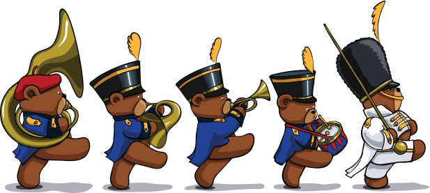 A vector cartoon of a marching band made up of five cute teddy bears.