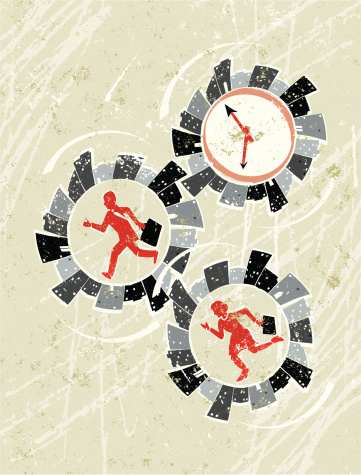 Caught in the machine! A stylized vector cartoon of a businessman and woman running in treadmills created by a city Skyline making a cog machine,reminiscent of an old screen print poster and suggesting the rat Race, pressure, lateness, deadlines, running against the clock, or Competition. Woman,Clock,Man, skyline cogs,paper texture and background are on different layers for easy editing. Please note: clipping paths have been used, an eps version is included without the path.