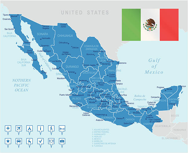 Highly detailed map of Mexico and the bordering waters Highly detailed map of Mexico with administrative divisions, cities and flag hondurian flag stock illustrations