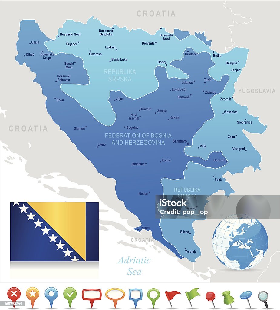 Karte von Bosnien und Herzegowina-Staaten, Städte, Flagge und Symbole - Lizenzfrei Auseinander Vektorgrafik