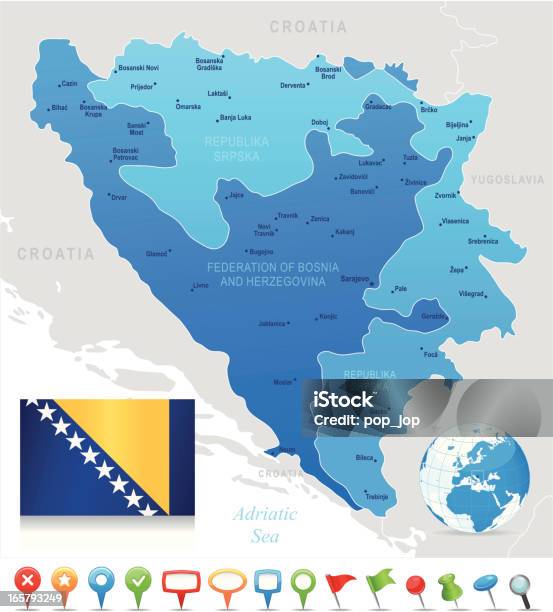 Karte Von Bosnien Und Herzegowinastaaten Städte Flagge Und Symbole Stock Vektor Art und mehr Bilder von Auseinander