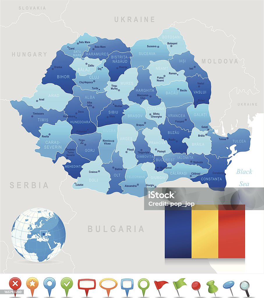 Mapa Rumunia-członkowskich, miast, flag, ikony nawigacji - Grafika wektorowa royalty-free (Mapa)