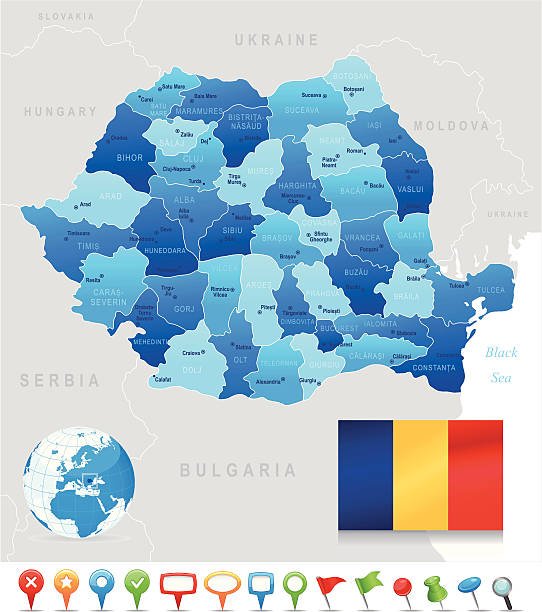 ilustrações de stock, clip art, desenhos animados e ícones de mapa da roménia-membros, cidades, bandeira, ícones de navegação - constanta