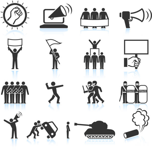 Protest black and white royalty free vector icon set Protest black and white set riot tear gas stock illustrations