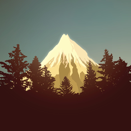 Beautiful mountain landscape with trees. Vector illustration. EPS10 glow effect.