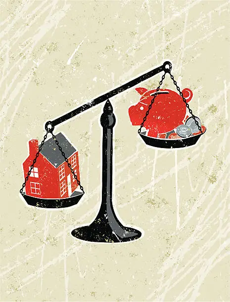 Vector illustration of House on Scales Weighed Against Piggy Bank.