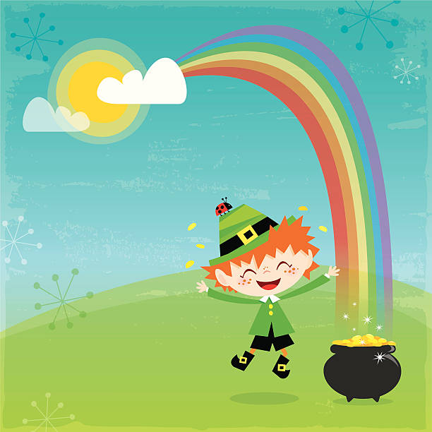 ilustraciones, imágenes clip art, dibujos animados e iconos de stock de duende irlandés y su oro - st patricks day irish culture child leprechaun