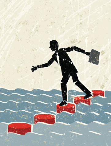 One step at a time! A stylized vector cartoon of a Man  crossing water on stepping stones, the style is  reminiscent of an old screen print poster. Suggesting balance, security, solutions, overcoming obstacles,financial instability,danger, or skill. Man, stones,water, paper texture and background are on different layers for easy editing. Please note: clipping paths have been used,  an eps version is included without the path.