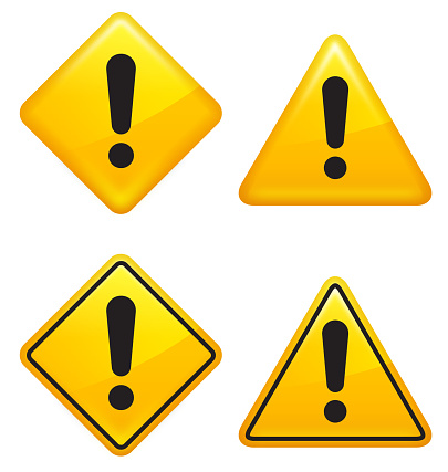 Warning attention caution Street Signs.  The illustration royalty free vector warning ,caution and attention with an exclamation sign. The signs are in yellow and the exclamation point is in black. The signs are triangular and diamond in shape and also has a bevel effect.