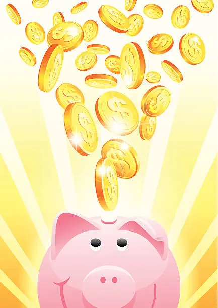 Vector illustration of Piggy Bank with Falling Gold Dollar Coins