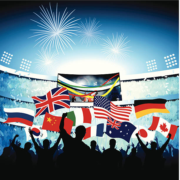 waving flags feier - soccer stadium sport crowd stock-grafiken, -clipart, -cartoons und -symbole