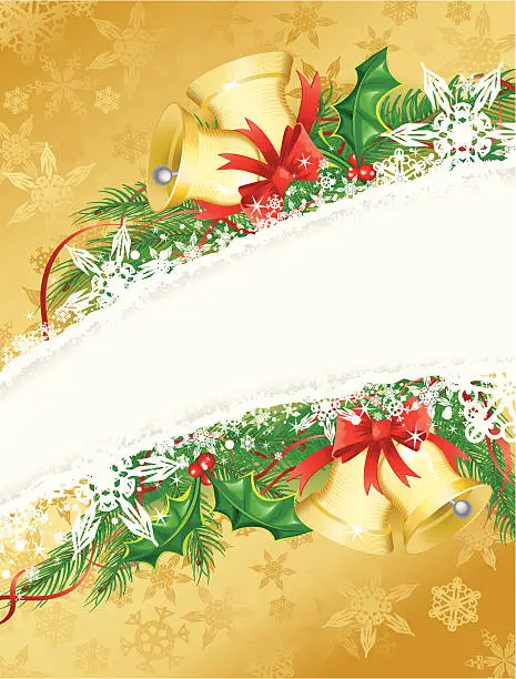 Vector illustration of Gold Holly and Bells Christmas Background Vertical