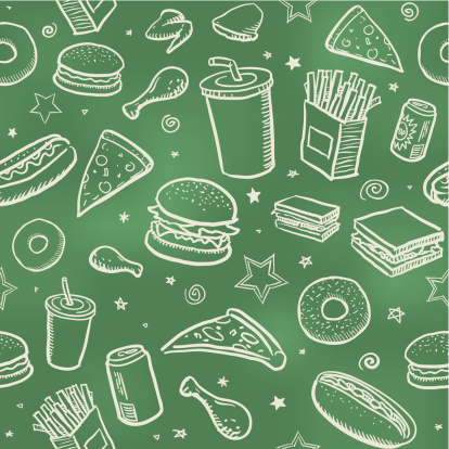 Sketchy fast food icons drawn on a blackboard. Will tile endlessly.