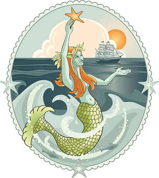 Vector illustration of Mermaid (Siren) Signaling to Ship on the Ocean