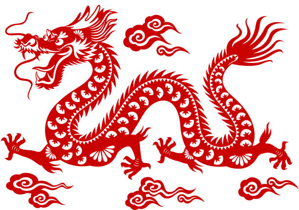 illustrazioni stock, clip art, cartoni animati e icone di tendenza di drago cinese di carta-arte - draghi