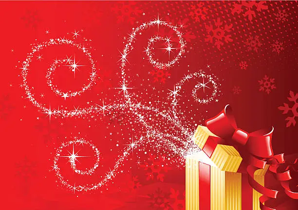 Vector illustration of Red Christmas theme with silver sparkles and gold present