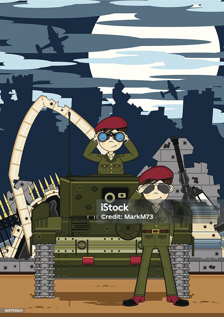 Żołnierzy i zbiornik w Ruiny miasta - Grafika wektorowa royalty-free (Inwigilacja)