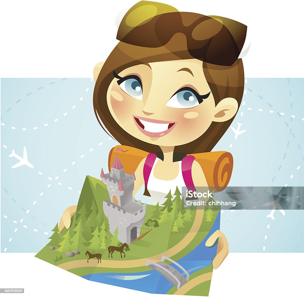 Adventure Traveler (Forest) Vector illustration of a delightful backpack traveller holding a pop-up map. This colorful character is great for any holiday/travel related blog or projects. Eye color can be edited easily in Adobe illustrator.  Adventure stock vector