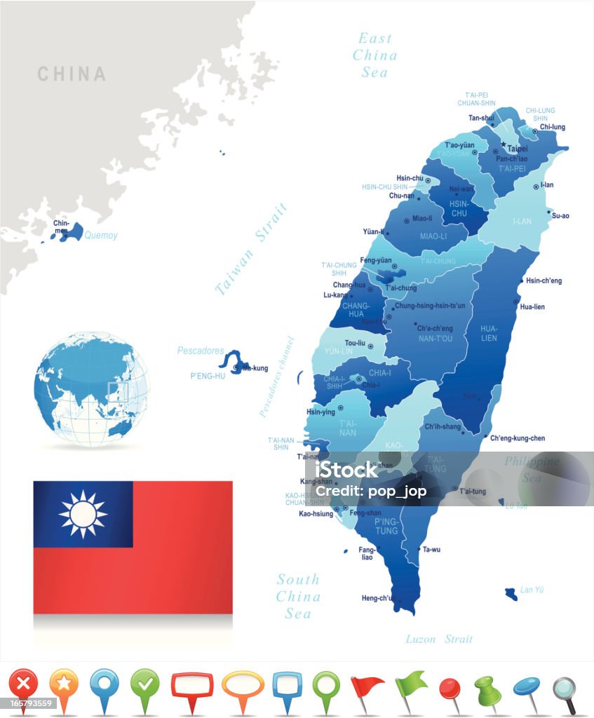 Carte de Taiwan-membres, villes, drapeau et navigation icônes - clipart vectoriel de Asie libre de droits