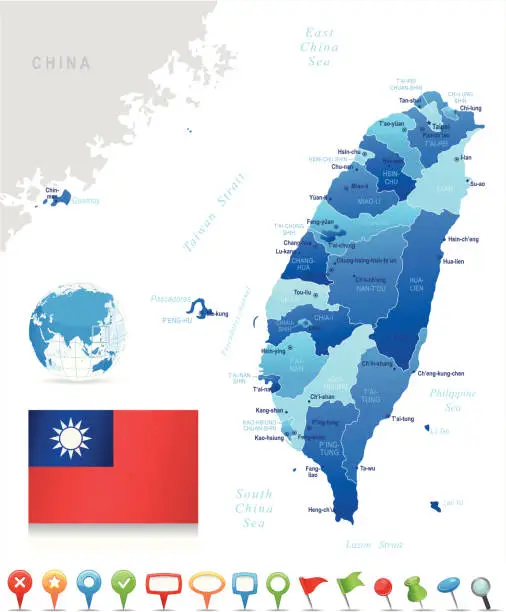 Vector illustration of Map of Taiwan - states, cities, flag and navigation icons