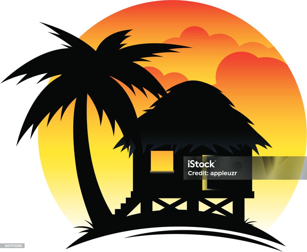 Cabaña Tropical al atardecer - arte vectorial de Caseta de playa libre de derechos