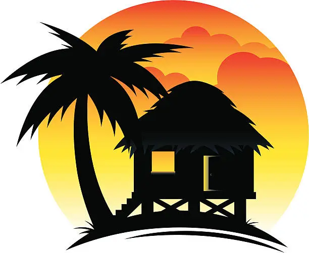Vector illustration of Tropical Hut at Sunset