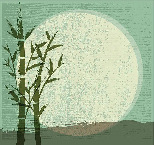 Vector illustration of Bamboo, Moon and Mountain