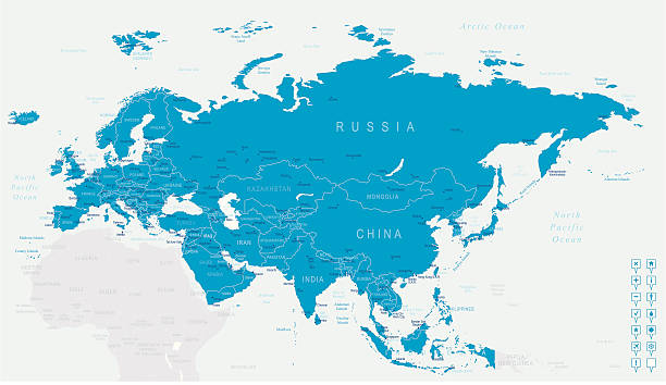 Euroasia - map and navigation icons http://s017.radikal.ru/i404/1110/87/2c00b7bbd3ec.jpgHighly detailed map of the Euroasia with countries, cities and other labels. eurasia stock illustrations