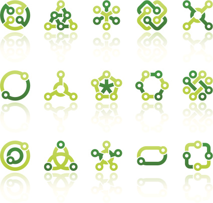 Set of 15 variable abstract symbols, with reflections on individual layer. Large JPEG (3000x2900), layered AI EPS 8. Archive: screensize JPEG,  large 300 dpi layered PSD, 2 large PNG for icons and reflections, AI 7. Only linear gradients.