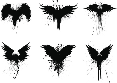 Set of 6 grunge wings graphic elements.