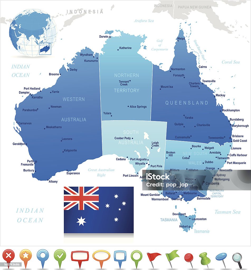 Carte de l'Australie-membres, villes, drapeau et navigation icônes - clipart vectoriel de Carte libre de droits